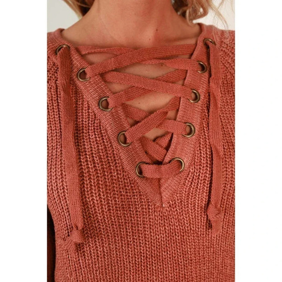 One Star Sugar and Spice Lace Up Sweater in Rustic Rose Size Small Cozy Sweater - Picture 5 of 12